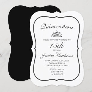 Tiara Modern Minimalist White Black Quinceañera Invitation