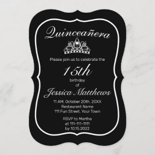 Tiara Modern Minimalist White Black Quinceañera Invitation