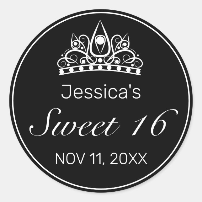 Tiara Modern Minimalist White Black Sweet 16 Classic Round Sticker (Front)