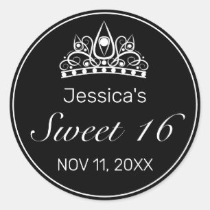 Tiara Modern Minimalist White Black Sweet 16 Classic Round Sticker