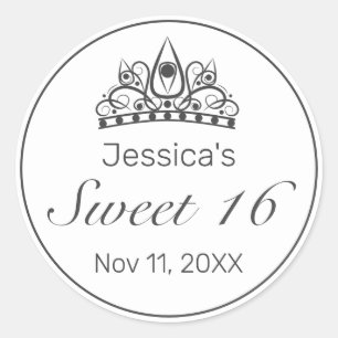 Tiara Modern Minimalist White Black Sweet 16 Classic Round Sticker