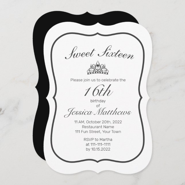 Tiara Modern Minimalist White Black Sweet 16 Invitation (Front/Back)