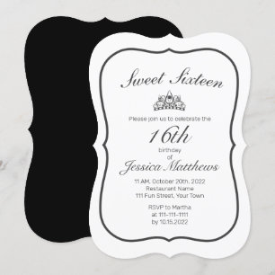 Tiara Modern Minimalist White Black Sweet 16 Invitation