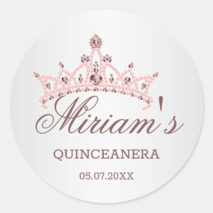 Tiara, pearls, gemstone in heart shape Quinceanera Classic Round Sticker