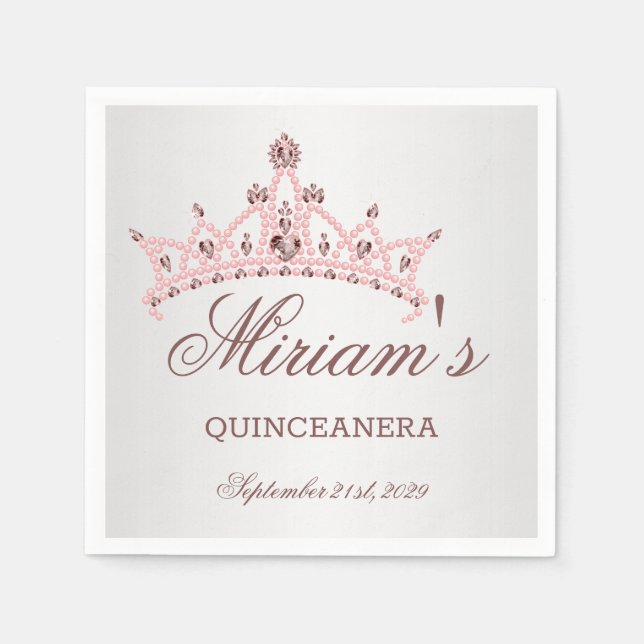 Tiara, pearls, gemstone in heart shape Quinceanera Napkin (Front)