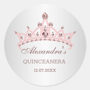 Tiara pearls, gemstones in heart shape Quinceanera Classic Round Sticker