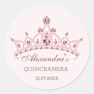 Tiara pearls, gemstones in heart shape Quinceanera Classic Round Sticker