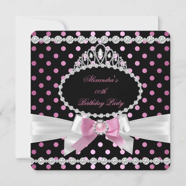Tiara Pink Black White Polka Dots Birthday Party Invitation (Front)