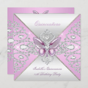 Tiara Pink Butterfly Quinceanera 15th Party Invitation