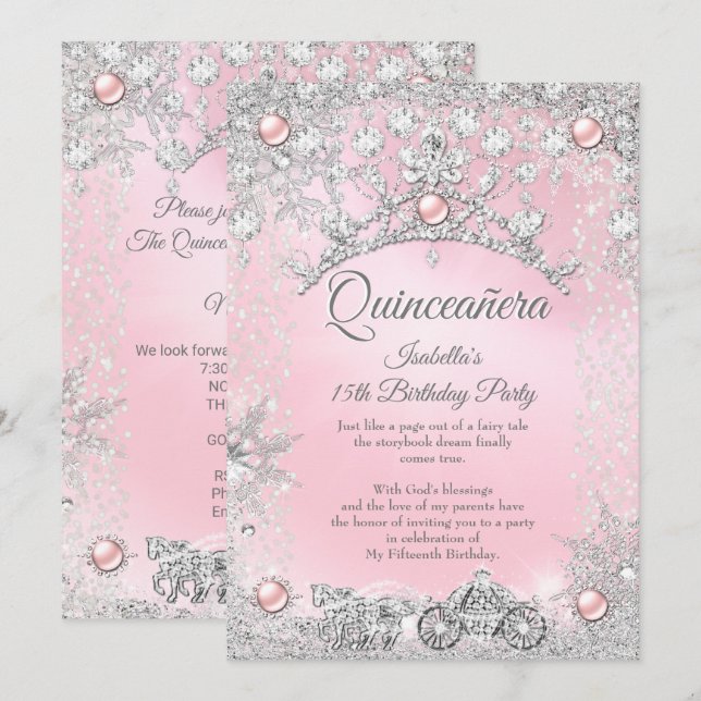 Tiara Pink Quinceanera 15th Winter Carriage Invitation (Front/Back)