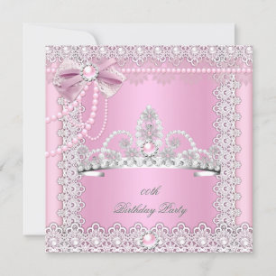 Tiara Pink White Pearls Lace Bow Birthday Party 2 Invitation