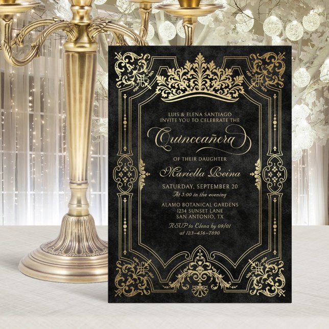 Tiara Princess Black Fairytale Photo Quinceanera Invitation (Creator Uploaded)