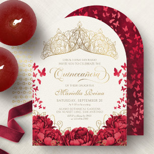 Tiara Princess Red Gold Elegant Quinceanera Invitation