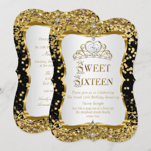 Tiara Princess Sweet 16 Gold Black White Invite