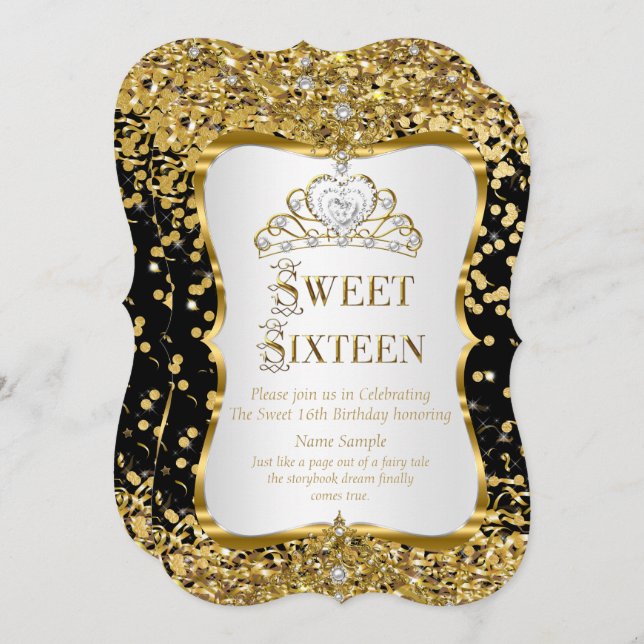 Tiara Princess Sweet 16 Gold Black White Invite (Front/Back)