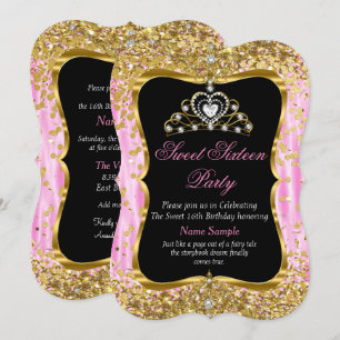 Tiara Princess Sweet 16 Pink Gold Black Invite
