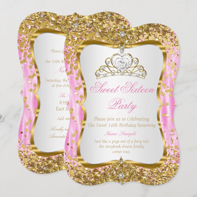 Tiara Princess Sweet 16 Pink Gold White Invite (Front/Back)