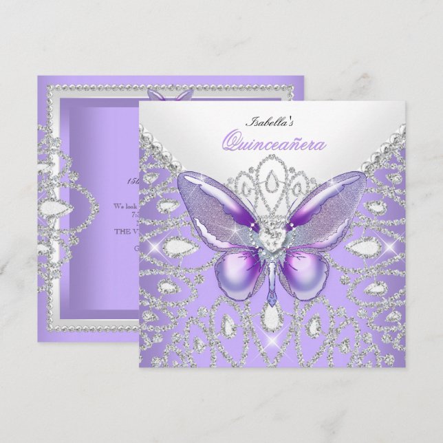 Tiara Quinceanera 15th Diamonds Purple Butterfly Invitation (Front/Back)