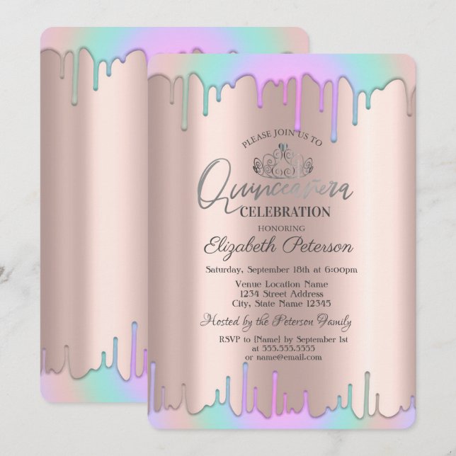 Tiara,Rainbow Drops Rose Gold Quinceañera  Invitation (Front/Back)