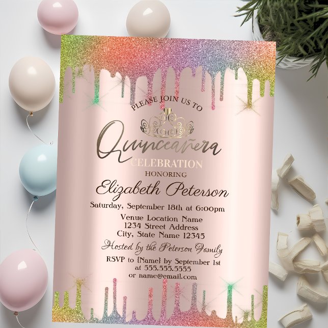 Tiara,Rainbow Glitter Drops Quinceañera Invitation (Creator Uploaded)