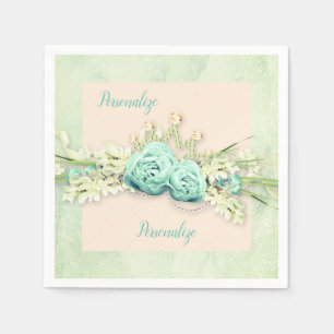 Tiara rose floral lace sparkle look teal blue napkin