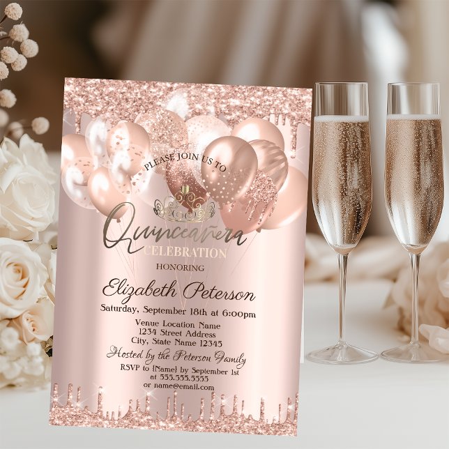 Tiara,Rose Gold Glitter Drops Balloons Quinceañera Invitation (Creator Uploaded)