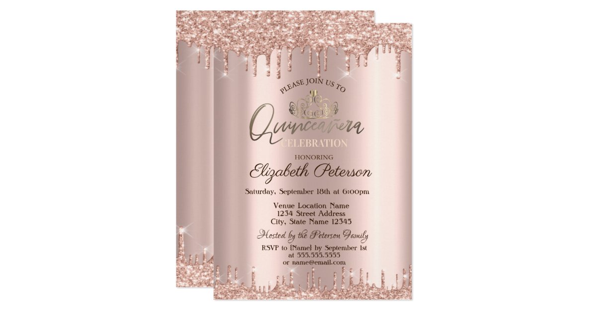 Shop Tiara,Rose Gold Glitter Drops Quinceañera Invitation created by Biglib...