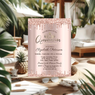 Tiara,Rose Gold Glitter Drops Quinceañera Invitation