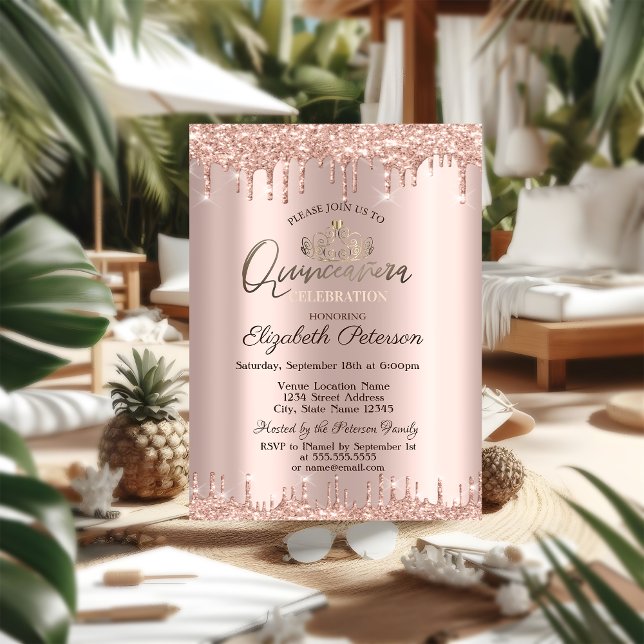 Tiara,Rose Gold Glitter Drops Quinceañera Invitation (Creator Uploaded)