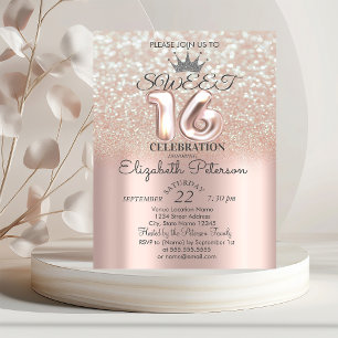 Tiara,Rose Gold Sweet 16 Glitter Bokeh Ombre Party Invitation