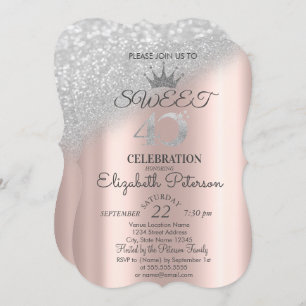 Tiara,Rose Gold Sweet 40th Glitter Bokeh Ombre  Invitation