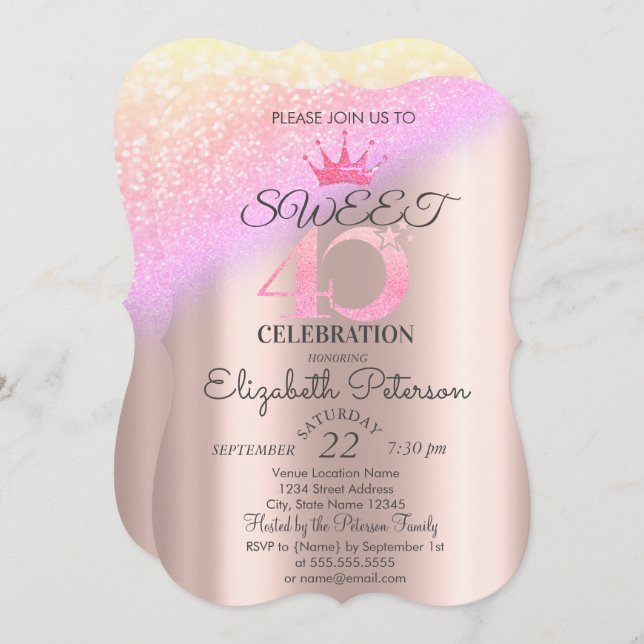 Tiara,Rose Gold Sweet 40th Ombre Glitter Bokeh  Invitation (Front/Back)