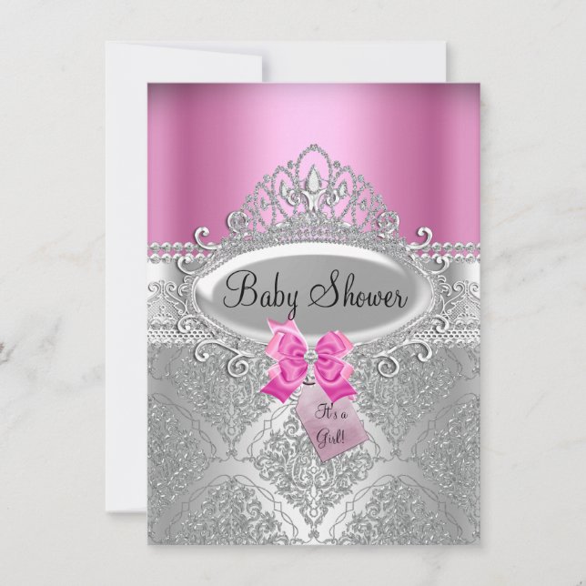 Tiara & Silver Damask Pink Baby Shower Invite (Front)