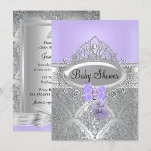 Tiara & Silver Damask Purple Baby Shower Invite