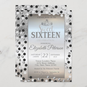 Tiara,Silver Glitter Bokeh Dots Sweet 16 Party Invitation