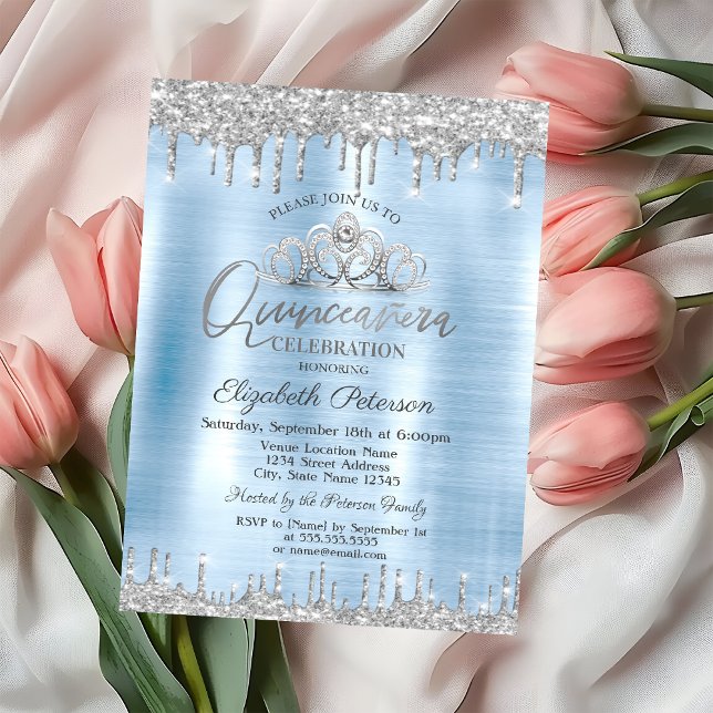 Tiara,Silver Glitter Drops Blue Quinceañera Invitation (Creator Uploaded)