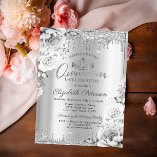 Tiara,Silver Glitter Drops Flowers Quinceañera  Invitation