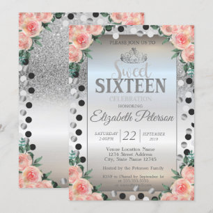 Tiara,Silver Glitter Roses Dots Sweet 16 Party Invitation