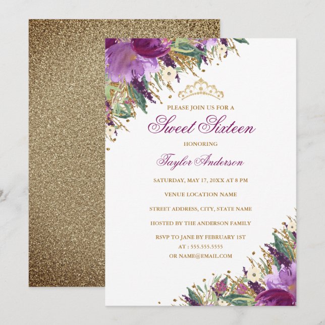 Tiara Sparkle Amethyst Purple Floral Sweet Sixteen Invitation (Front/Back)