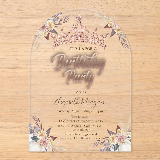 Tiara Stars Flowers Rose Gold Birthday Party  Acrylic Invitations (Front)