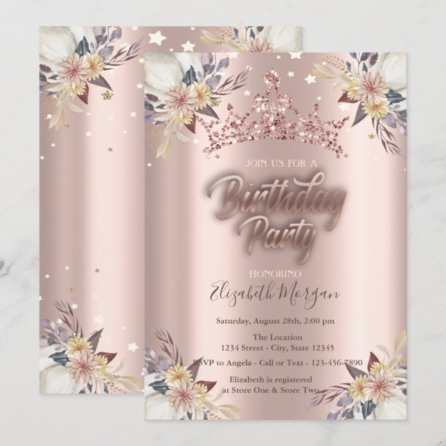 Tiara Stars Flowers Rose Gold Birthday Party  Invitation (Front/Back)