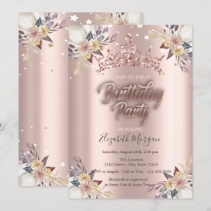 Tiara Stars Flowers Rose Gold Birthday Party Invitation