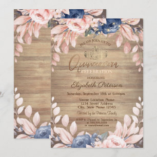 Tiara,String Lights,Blue Flowers Wood Quinceañera Invitation