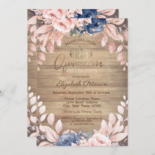 Tiara,String Lights,Blue Flowers Wood Quinceañera  Invitation (Front/Back)