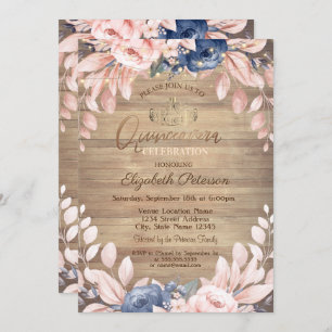 Tiara,String Lights,Blue Flowers Wood Quinceañera  Invitation