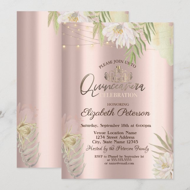 Tiara,String Lights Boho Flowers Quinceañera  Invitation (Front/Back)
