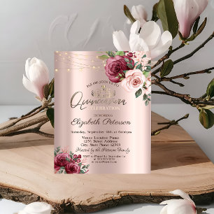 Tiara,String Lights Burgundy Roses  Quinceañera Invitation