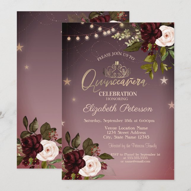 Tiara,String Lights,Burgundy Roses Quinceañera Invitation (Front/Back)