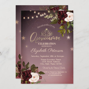 Tiara,String Lights,Burgundy Roses Quinceañera Invitation