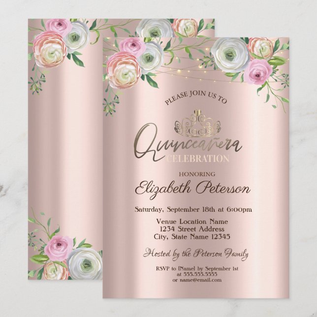 Tiara,String Lights Chic Roses  Quinceañera  Invitation (Front/Back)